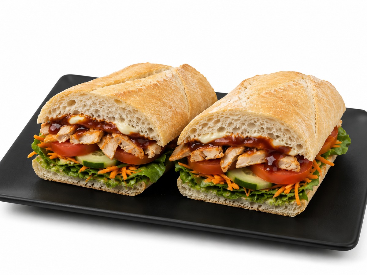 Baguette-White- BBQ Seasoned Chicken, Carrot, Tomato, Cos Lettuce, Cucumber & Mayo
