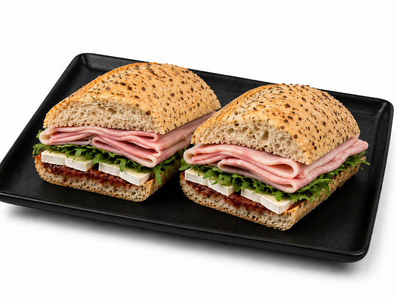 French Baguette – Multigrain Champagne Ham, Rocket. Tomato, Brie
