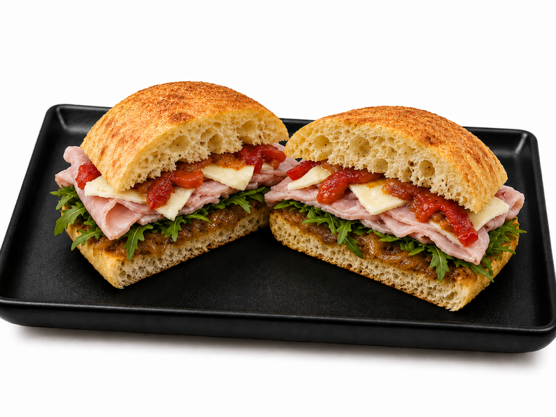 Panini- Champagne Ham, Rocket, Pepperoni, Mozarella & Caramelised Onion