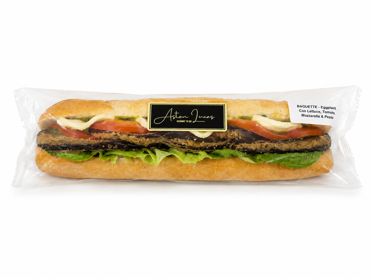 Baguette-White- Eggplant, Cos Lettuce, Tomato, Mozzarella & Pesto