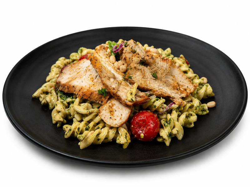 Spiced Chicken & Fusilli Pasta with Creamy Pesto Mayonnaise