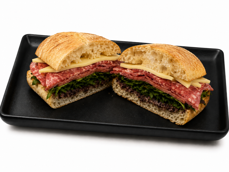 Panini- Salami, Tomato, Arugula, Mozzarella & Olive Tapenade